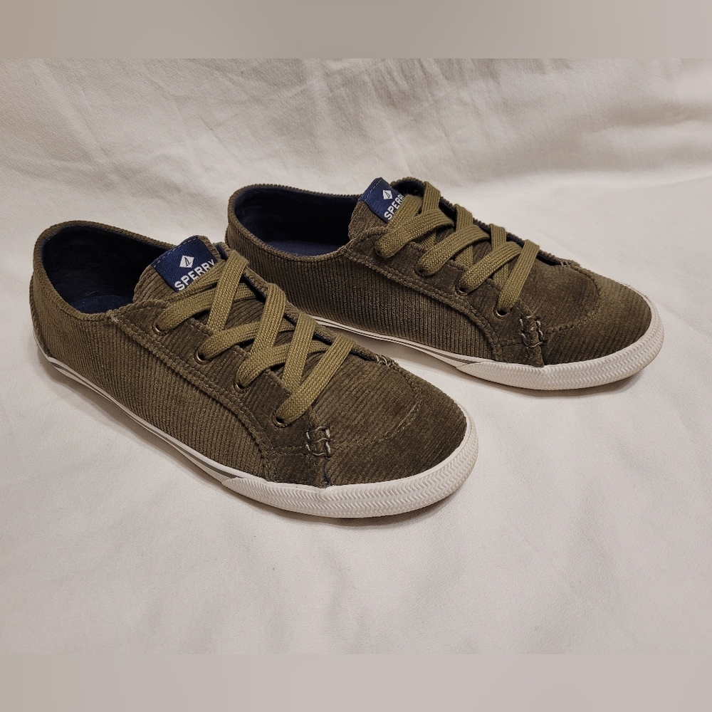 Sperry Top Sider Lounge Corduroy Sneakers Olive Green Boat Shoes Size 8